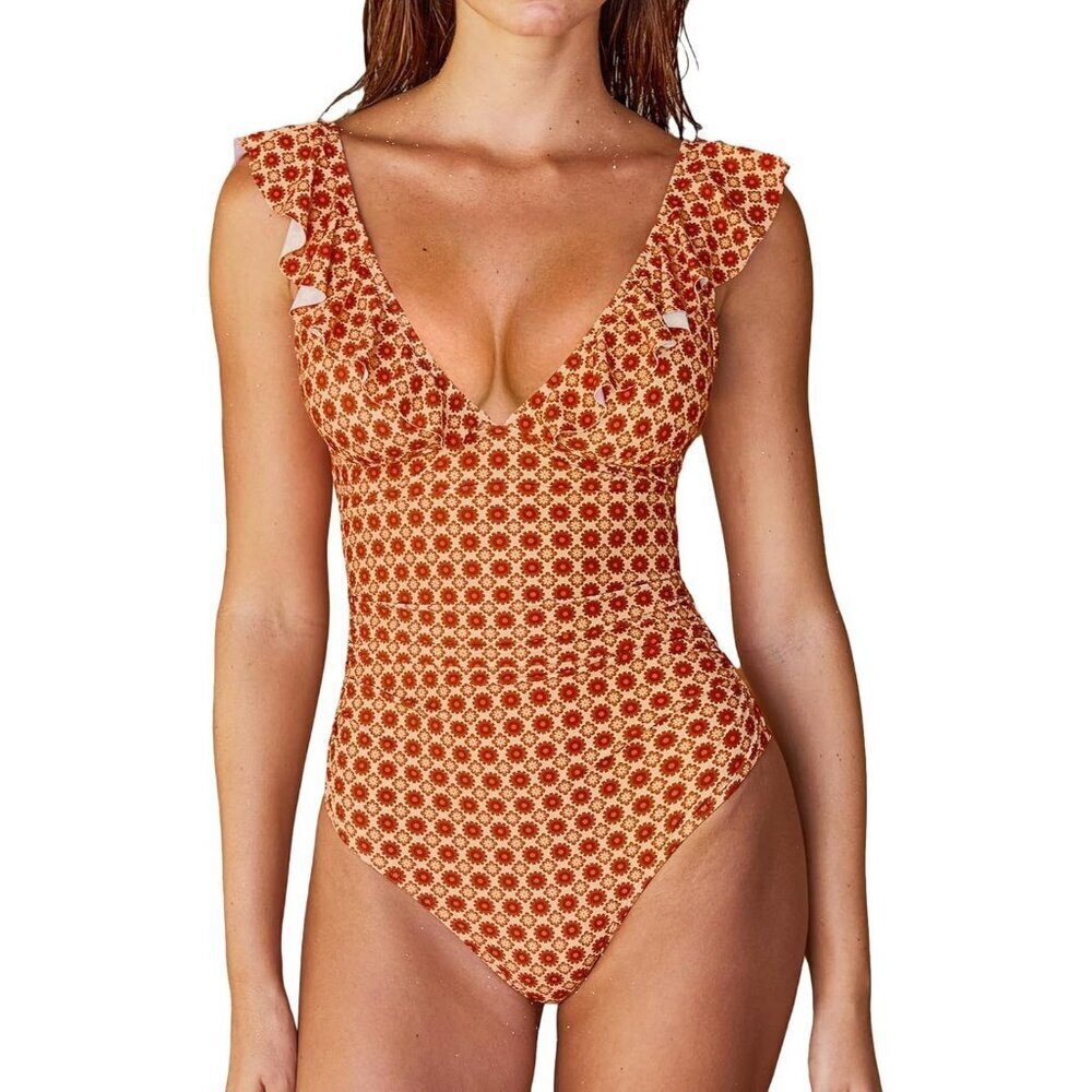 Women's  Orange Ruffled One Piece Swimsuit V Neck Lace Up